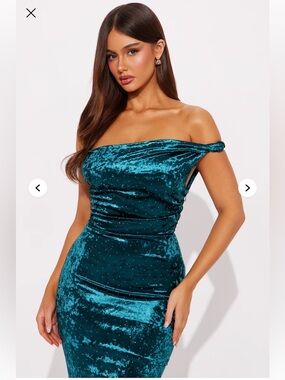 Fashion Nova Teal Velvet off the Shoulder Dress